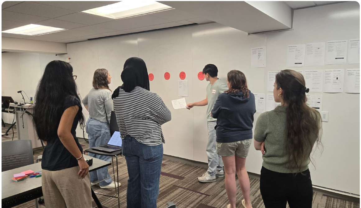 Photo from a Kindred co-design session with patients gathered around a whiteboard of research artifacts