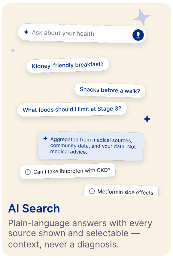 AI Search: plain-language answers with every source shown and selectable; context, never a diagnosis