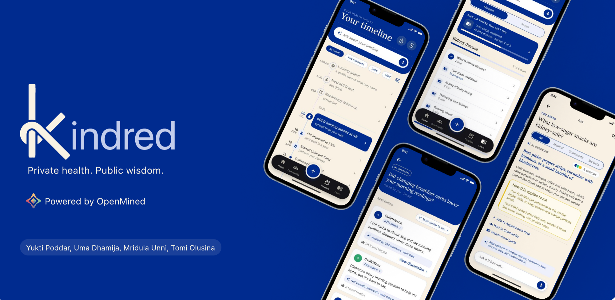 Kindred: Private health, public wisdom. Phone mockups of the app showing the health timeline, learning modules, community Q&A, and AI search. Powered by OpenMined. By Yukti Poddar, Uma Dhamija, Mridula Unni, and Tomi Olusina.