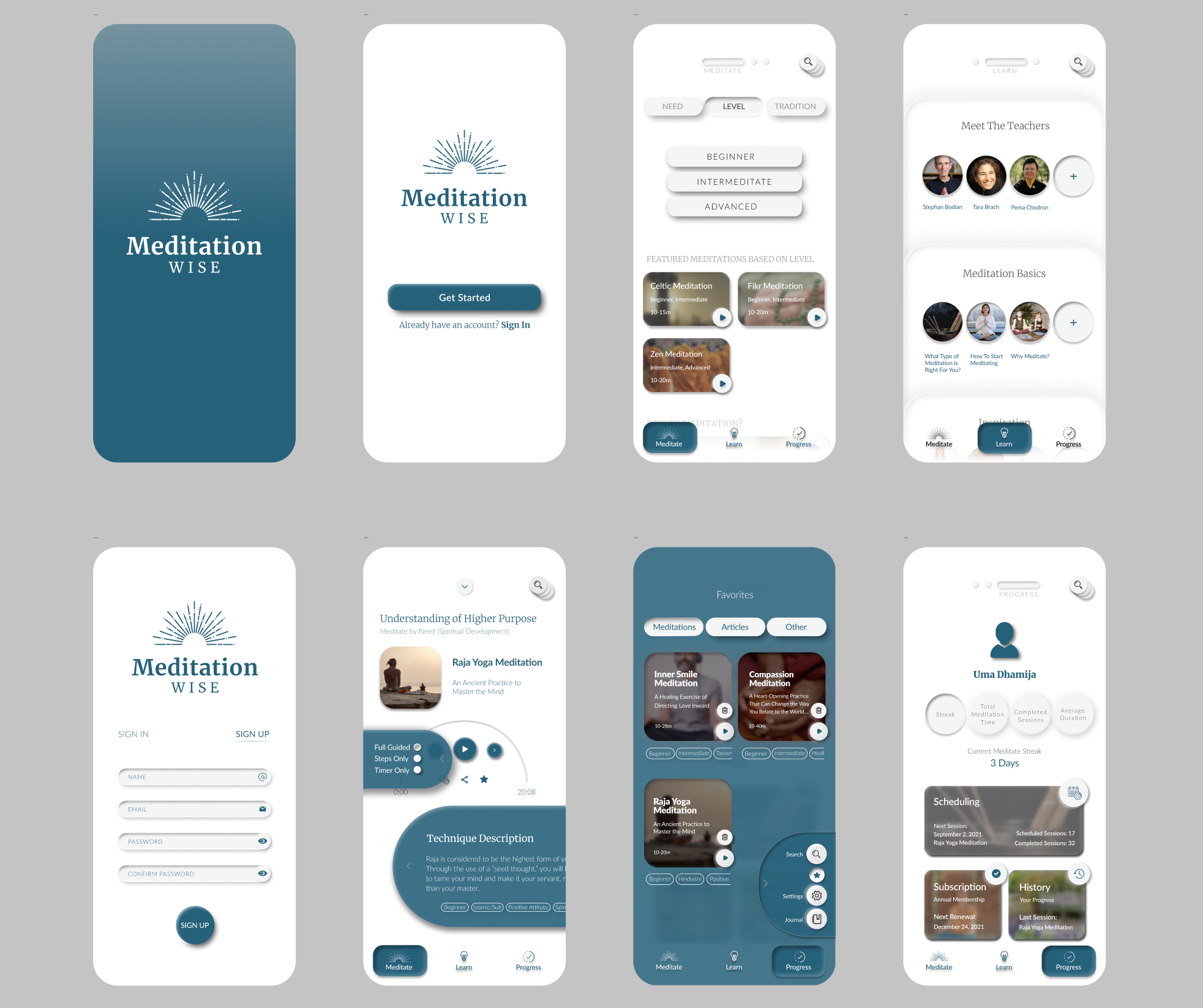 High-fidelity MeditationWise experience screens